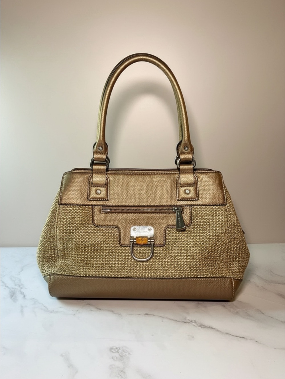 Dana Buchman Gold Woven Satchel Handbag Metallic Top Handle Purse - Picture 2 of 11
